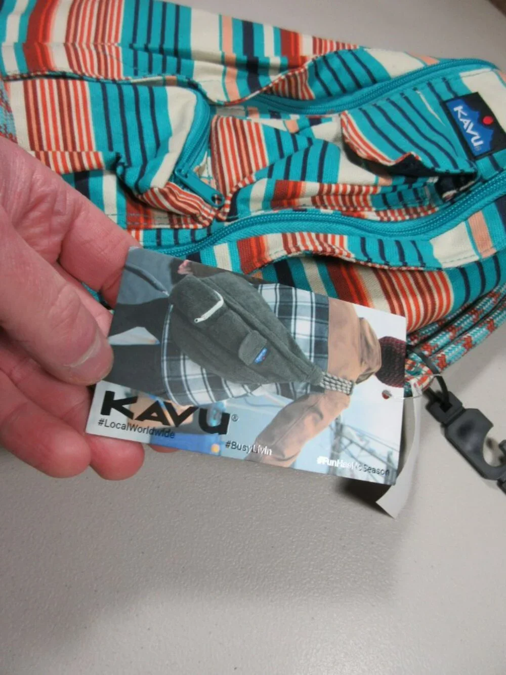 KAVU colorful offwhite striped canvas Banded Rope sling bag 11 x 17  NWT